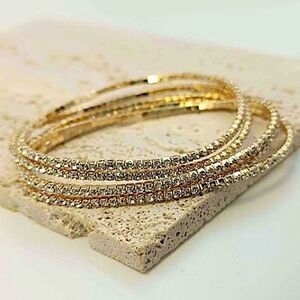 Sparkling Gold Tone Rhinestone Bracelet Set Dainty Stackable Bling Bangles